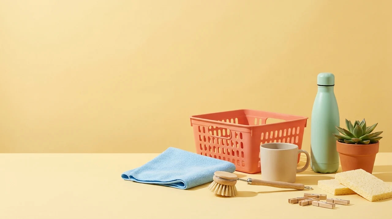 Illustrative everyday household finds on a cheerful yellow backdrop